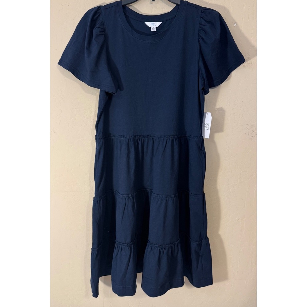 Time and Tru Dress Women S (4-6) Navy Blue Tiered Puff Sleeve Cotton Mini NEW